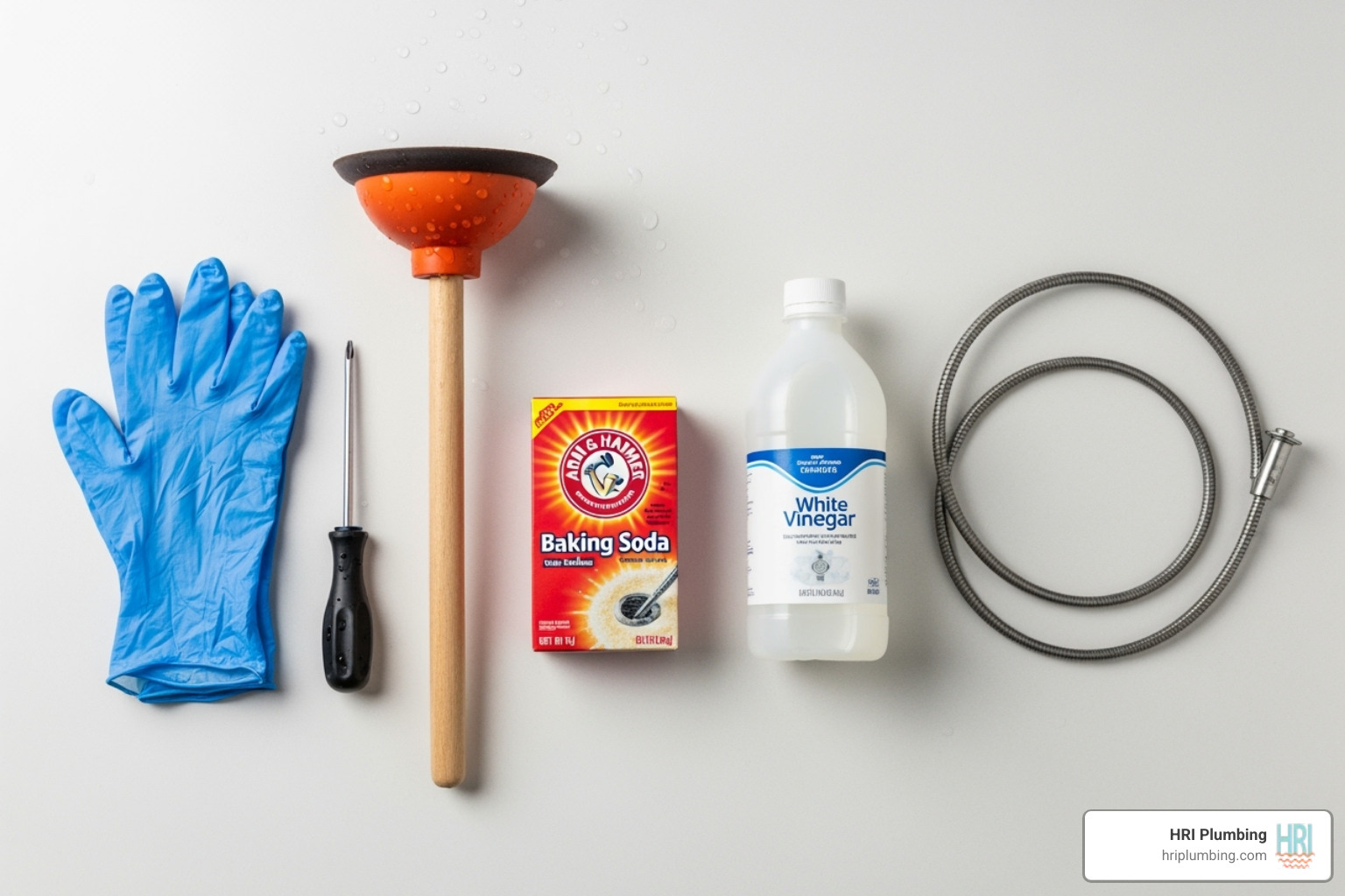 essential tools like gloves, a screwdriver, a plunger, baking soda, vinegar, and a drain snake - bathtub drain clog