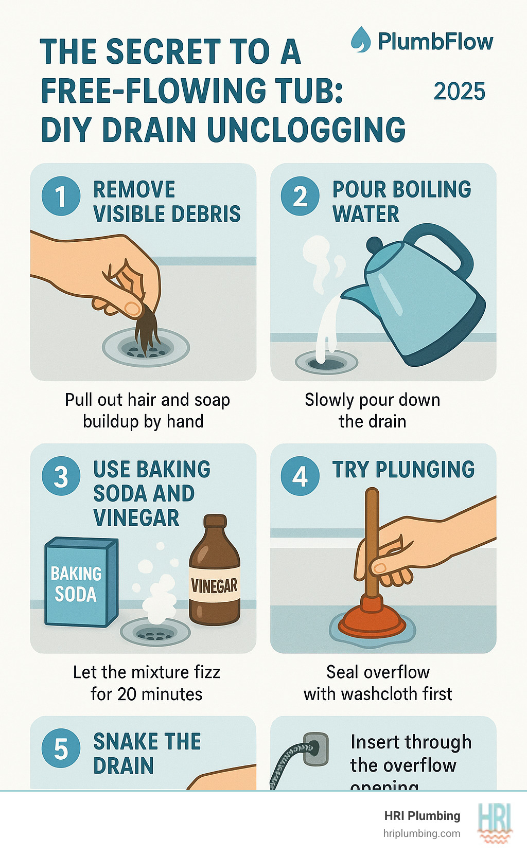 Step-by-step infographic showing the 5 main methods to unclog a bathtub drain: manual debris removal, boiling water treatment, baking soda and vinegar reaction, plunging technique with overflow sealed, and drain snake insertion through overflow opening - bathtub drain clog infographic 
