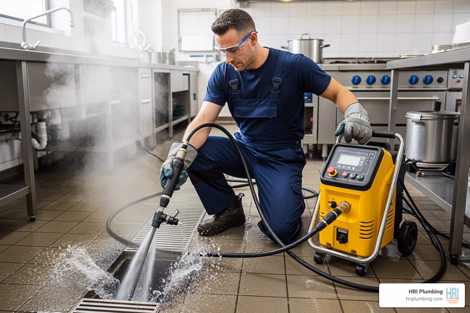 plumber using a hydro jetting tool - emergency drain cleaning