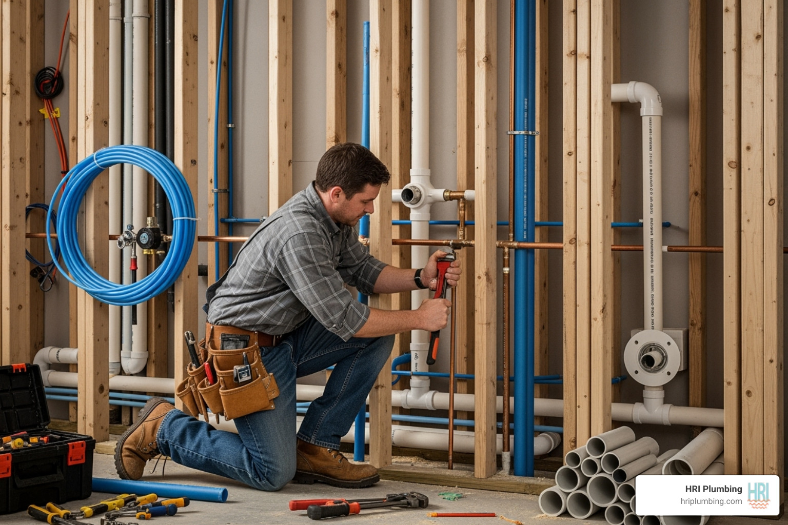 a plumber working on rough-in plumbing behind an open wall - Plumbing for bathroom renovation