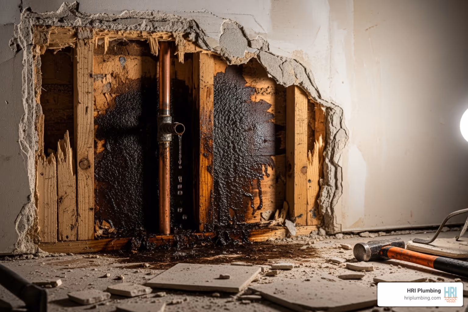 a hidden leaky pipe finded behind a wall during demolition - Plumbing for bathroom renovation