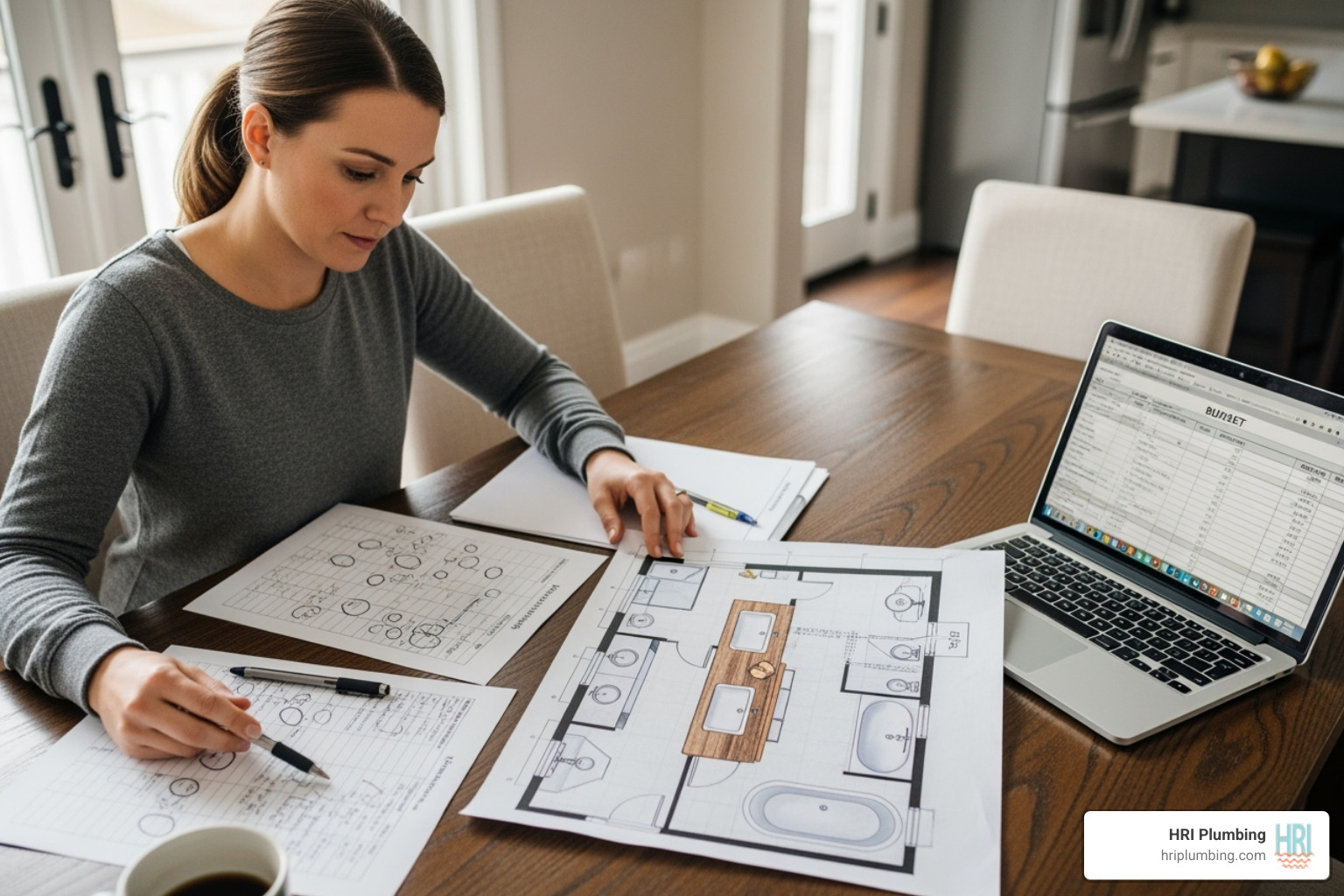 a homeowner looking at bathroom layout plans and a budget spreadsheet - Plumbing for bathroom renovation