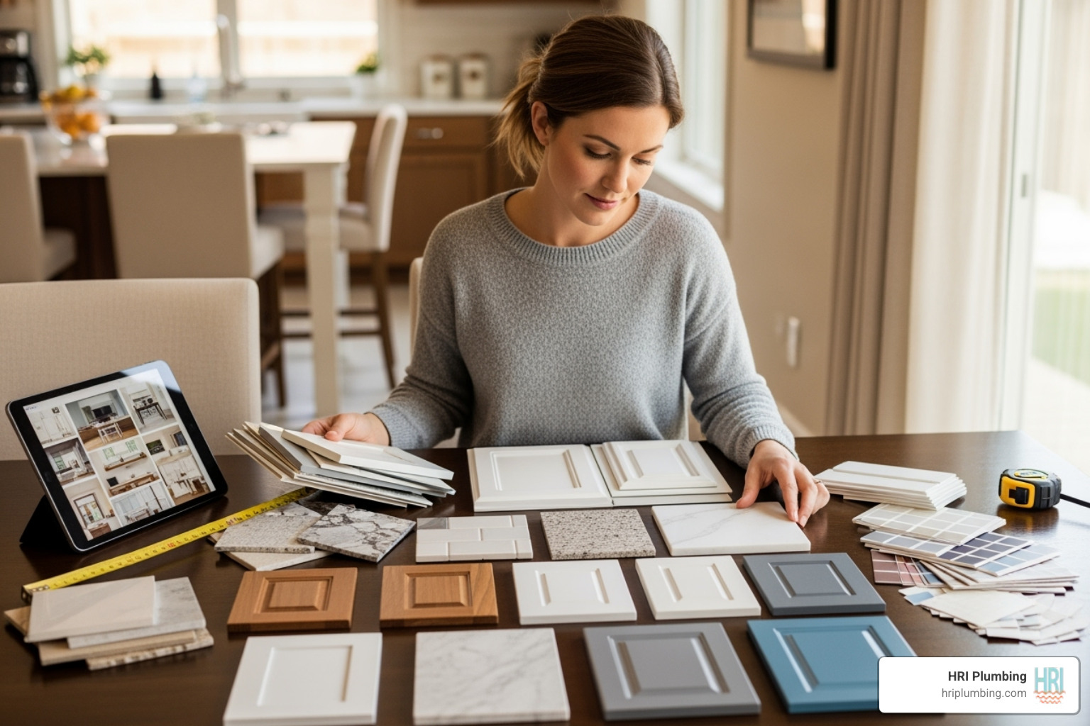 homeowner looking at material samples like countertops and cabinet doors - kitchen renovation Rochester