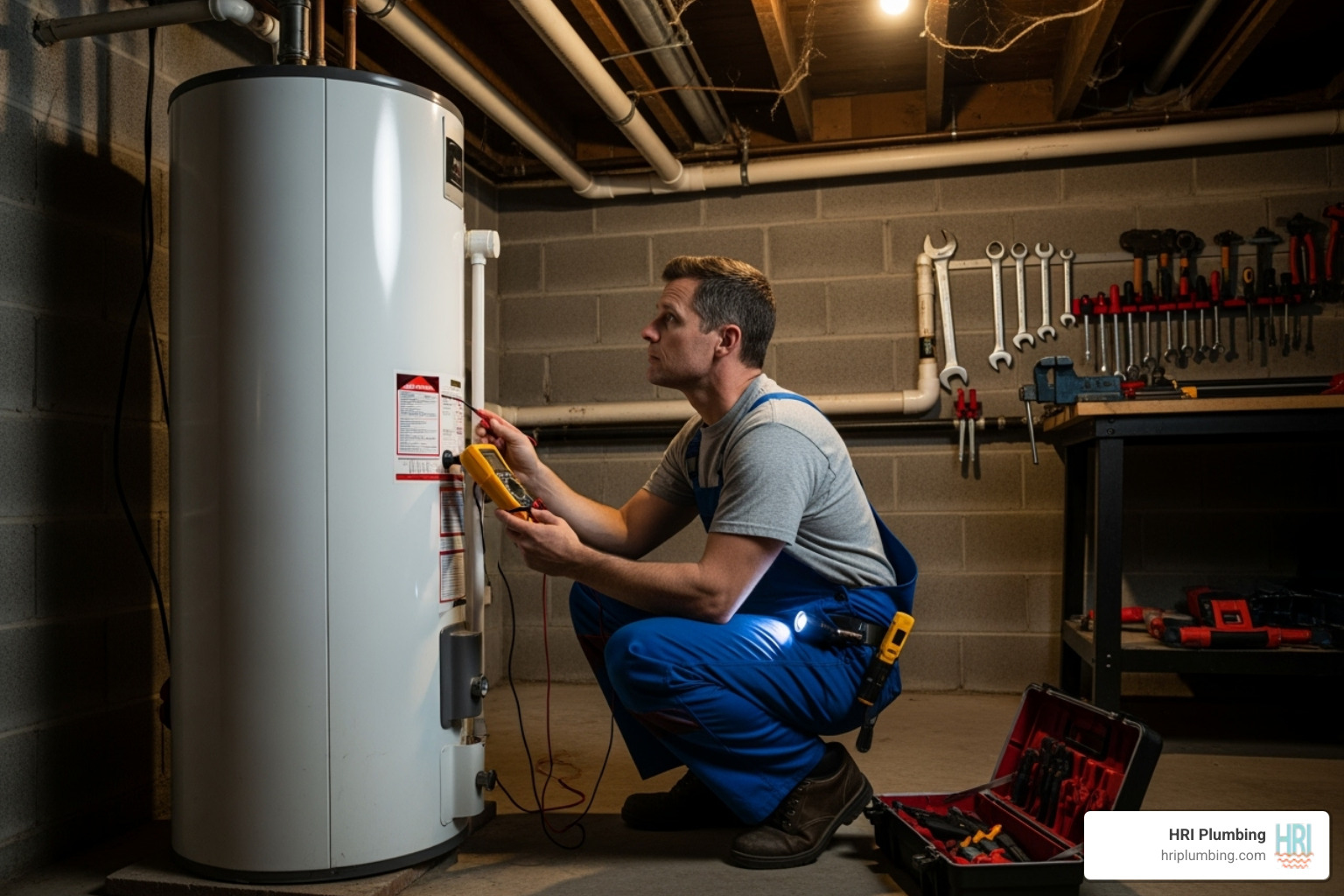 plumber performing a routine maintenance check on a water heater - emergency plumbing springfield il
