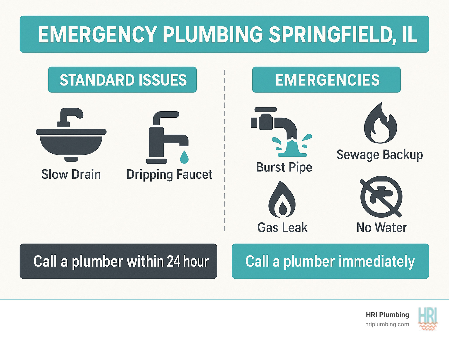 Infographic showing the difference between standard plumbing issues like slow drains or dripping faucets versus true emergencies like burst pipes, sewage backups, gas leaks, and complete water loss, with response time recommendations for each - emergency plumbing springfield il infographic 
