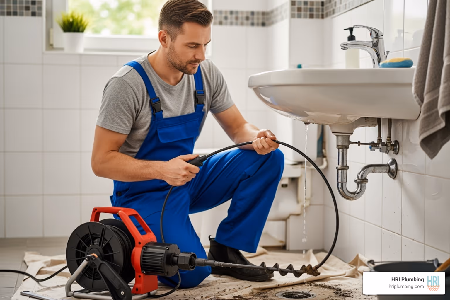 plumber using professional drain snaking equipment - clogged drain near me