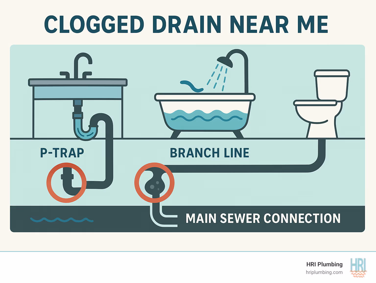 Infographic showing the journey of waste water from kitchen and bathroom drains through the home's plumbing system to the main sewer line, highlighting common clog points including P-traps, branch lines, and the main sewer connection - clogged drain near me infographic 