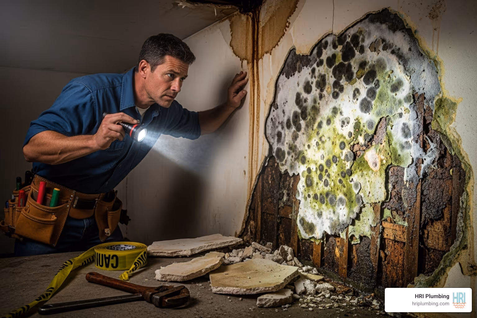 plumber inspecting damaged wall with mold - leak detection Springfield IL