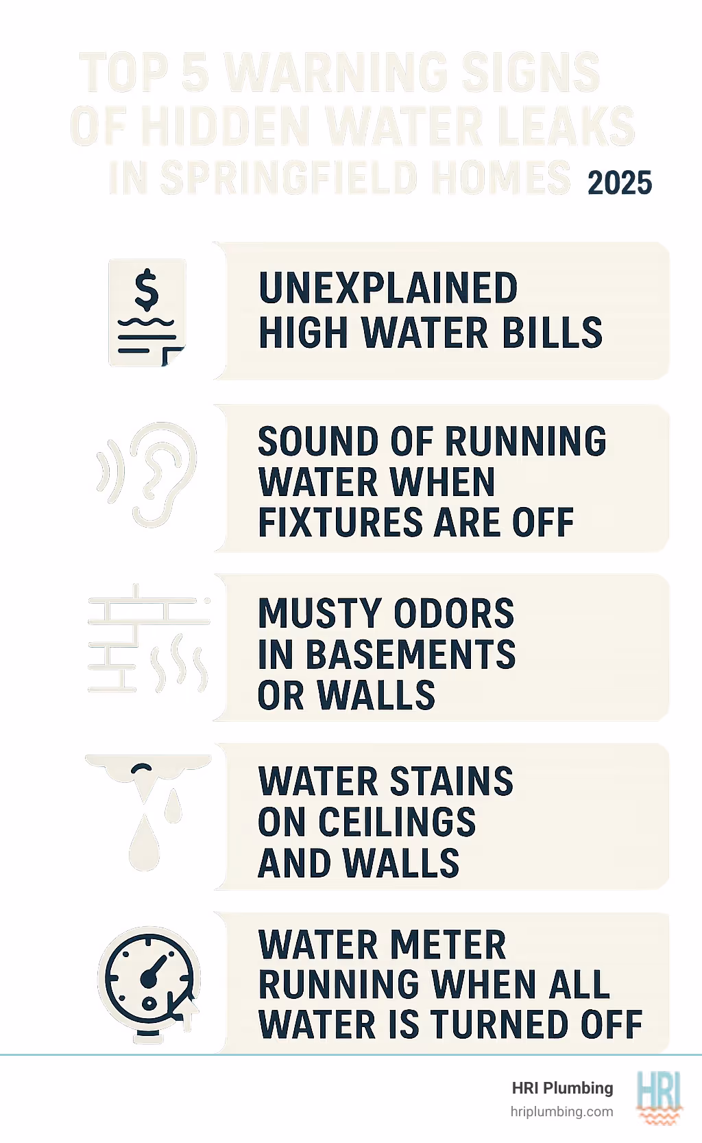 Infographic showing the top 5 warning signs of hidden water leaks in Springfield homes: unexplained high water bills, sound of running water when fixtures are off, musty odors in basements or walls, water stains on ceilings and walls, and water meter running when all water is turned off - leak detection Springfield IL infographic 