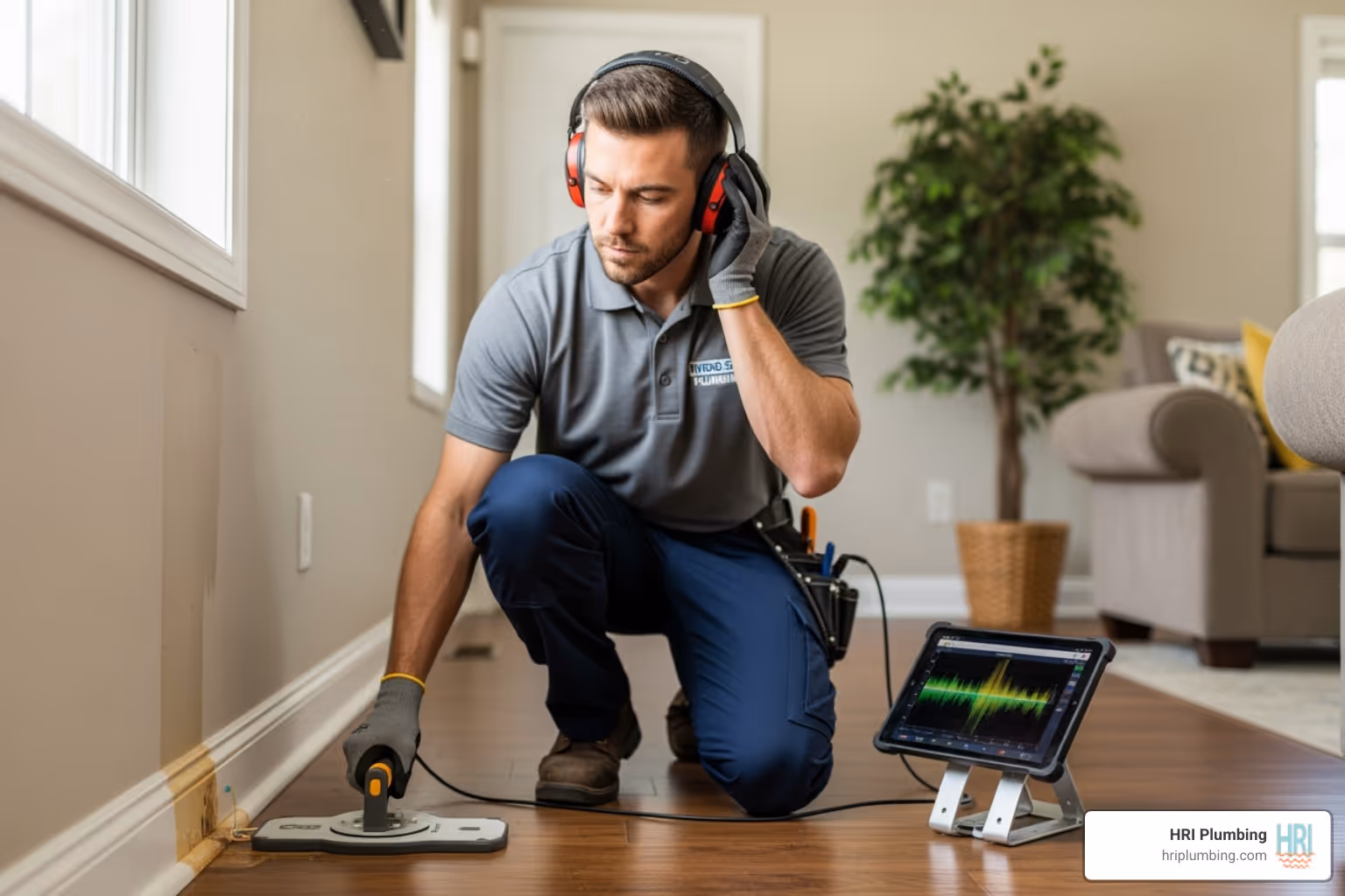 technician using acoustic listening equipment - leak detection Springfield IL