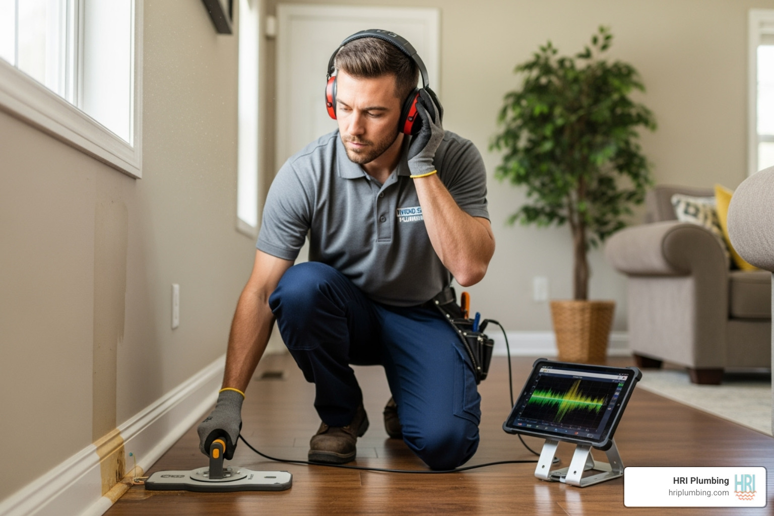 technician using acoustic listening equipment - leak detection Springfield IL