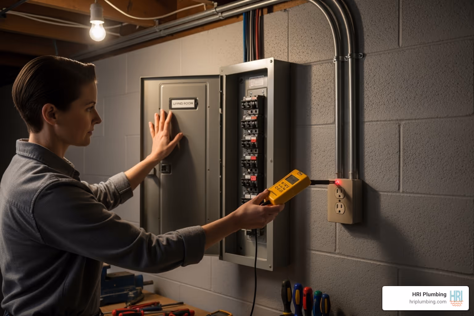 person checking a GFCI outlet and a circuit breaker panel - Sump pump not working