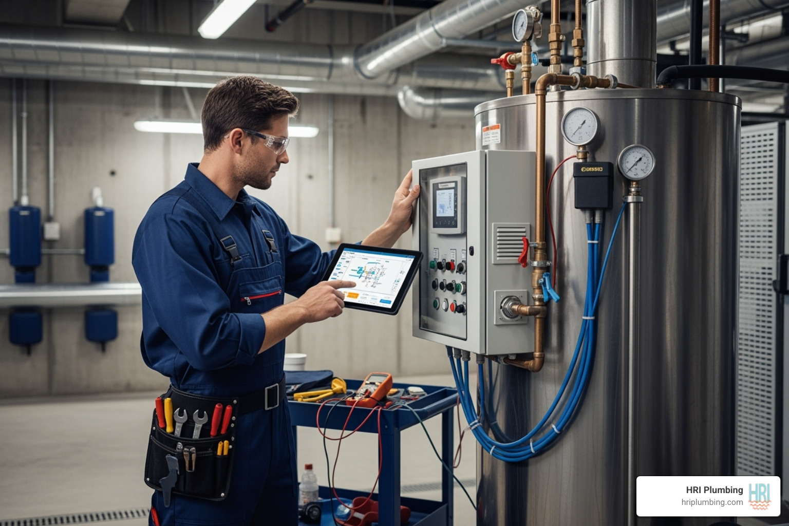 technician diagnosing a commercial water heater with a tablet - Commercial water heater repair