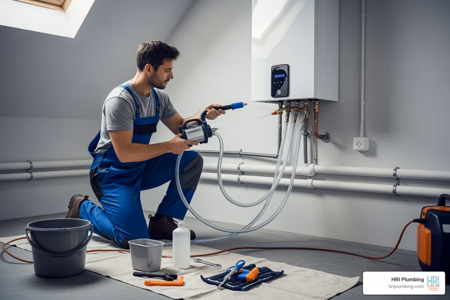 technician descaling a tankless water heater - Commercial water heater repair