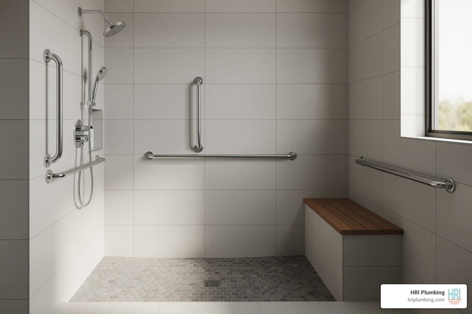roll in shower with callouts pointing to the grab bar, handheld showerhead, built-in bench, and non-slip floor - roll in shower
