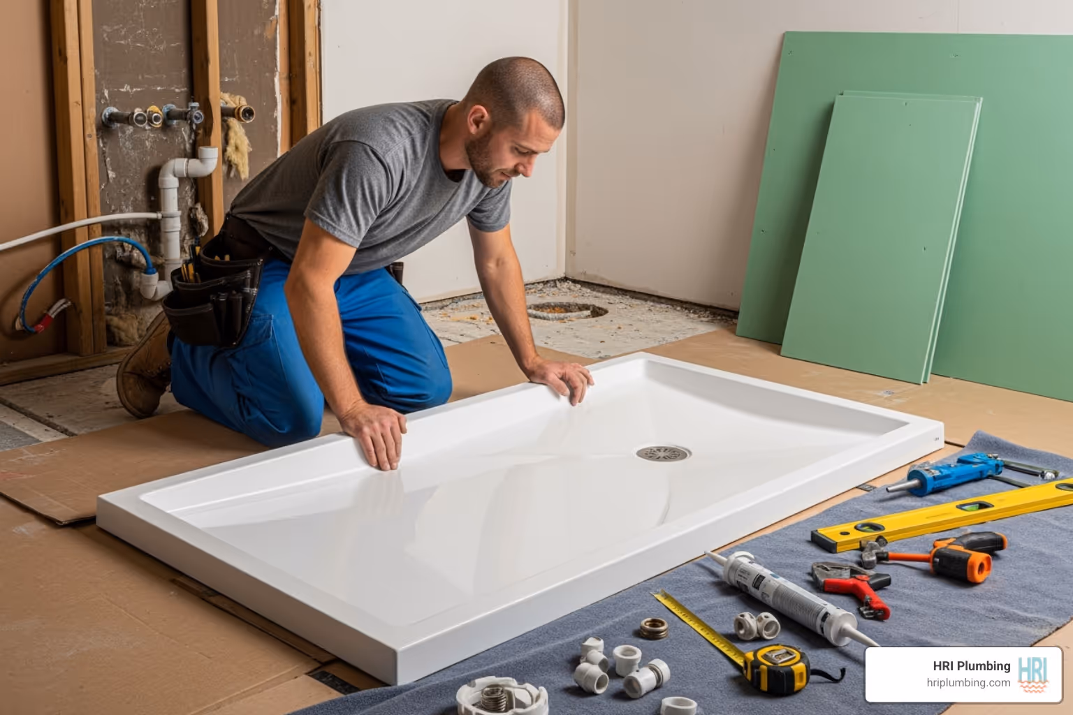 professional plumber installing a new shower pan for a roll-in shower conversion - roll in shower