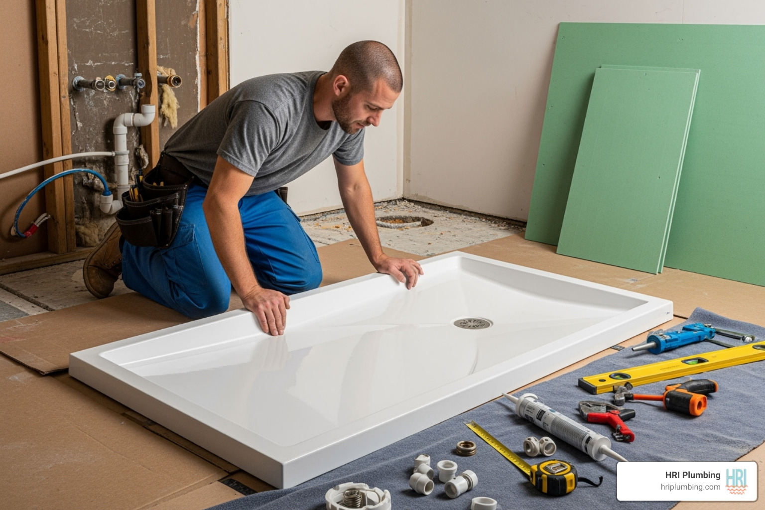professional plumber installing a new shower pan for a roll-in shower conversion - roll in shower