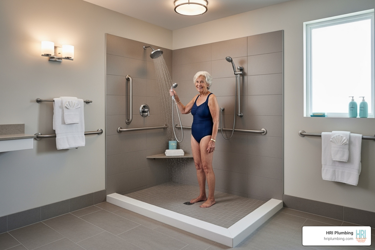 happy senior citizen comfortably using a roll-in shower - roll in shower