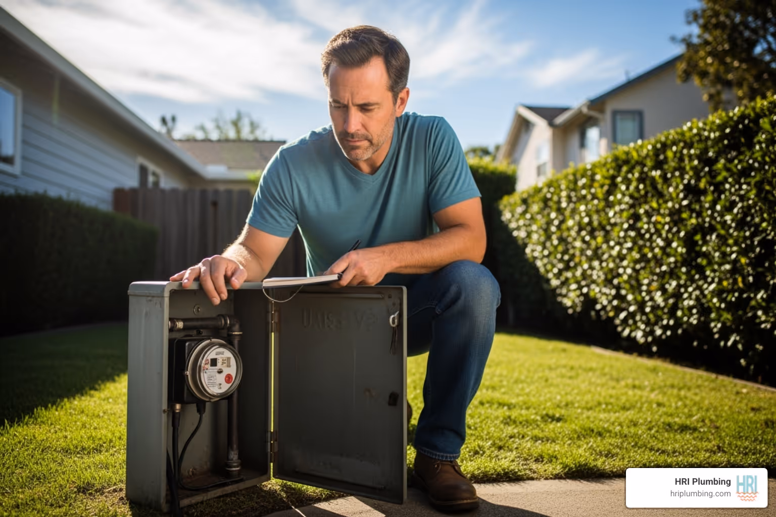 Image of a homeowner checking their water meter for leaks - plumbing services rochester