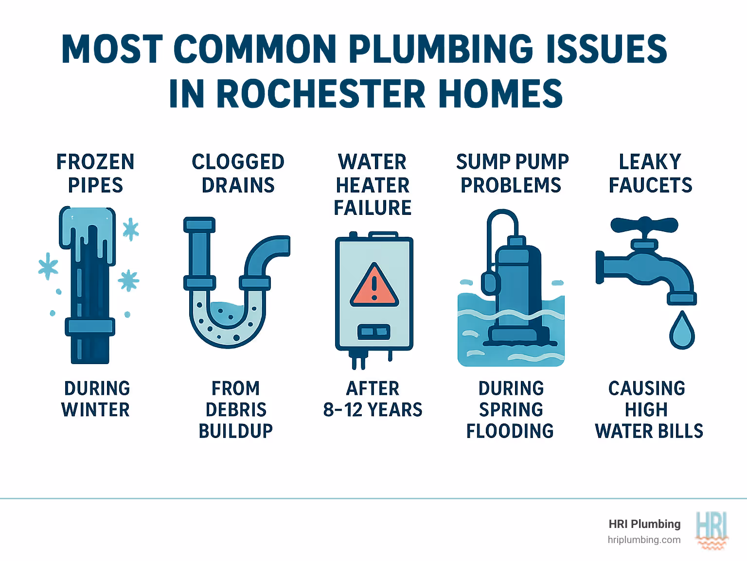 Infographic showing the 5 most common plumbing issues in Rochester homes: frozen pipes during winter, clogged drains from debris buildup, water heater failures after 8-12 years, sump pump problems during spring flooding, and leaky faucets causing high water bills - plumbing services rochester infographic 