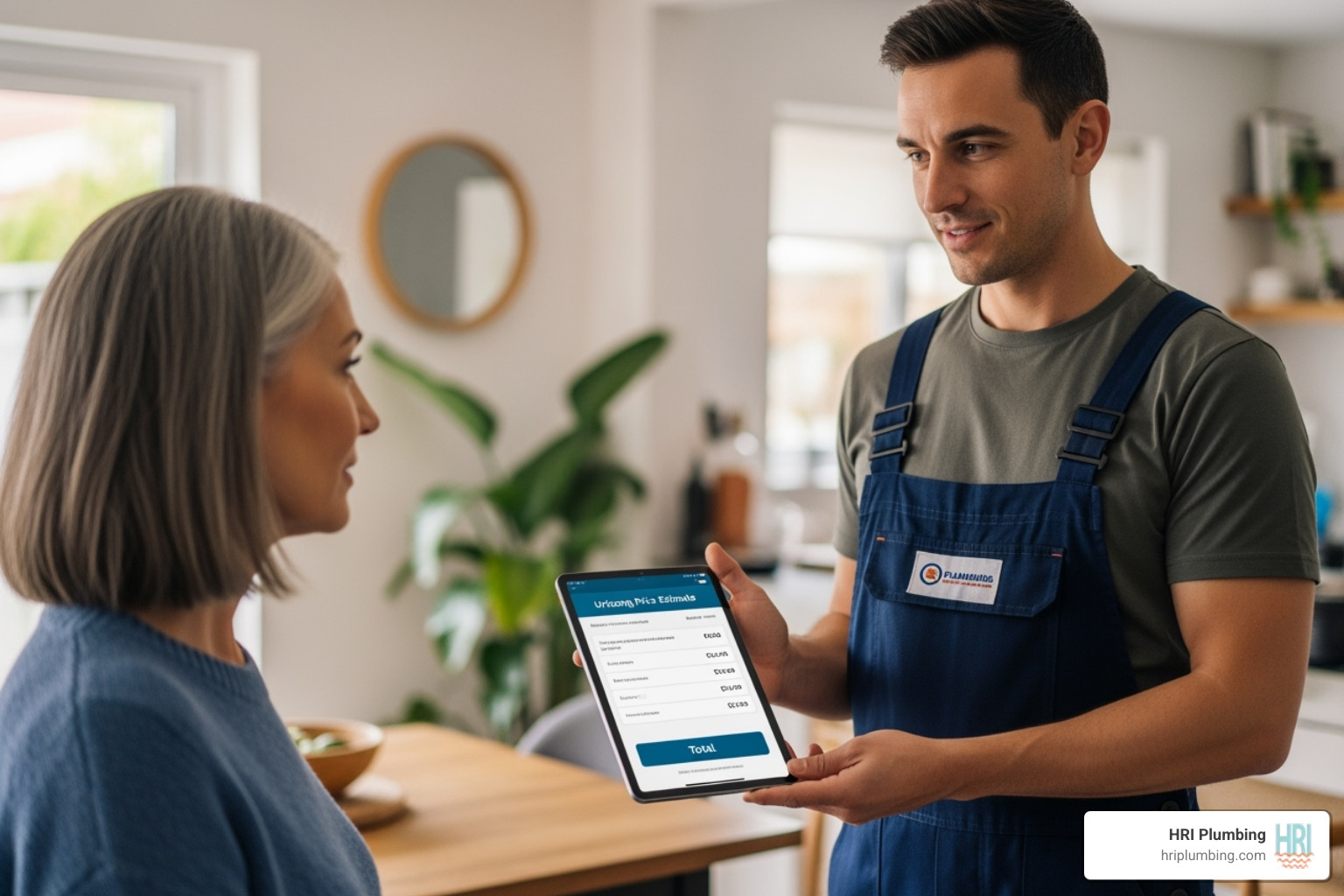 Image of a plumber showing a customer an upfront price on a tablet - plumbing services rochester