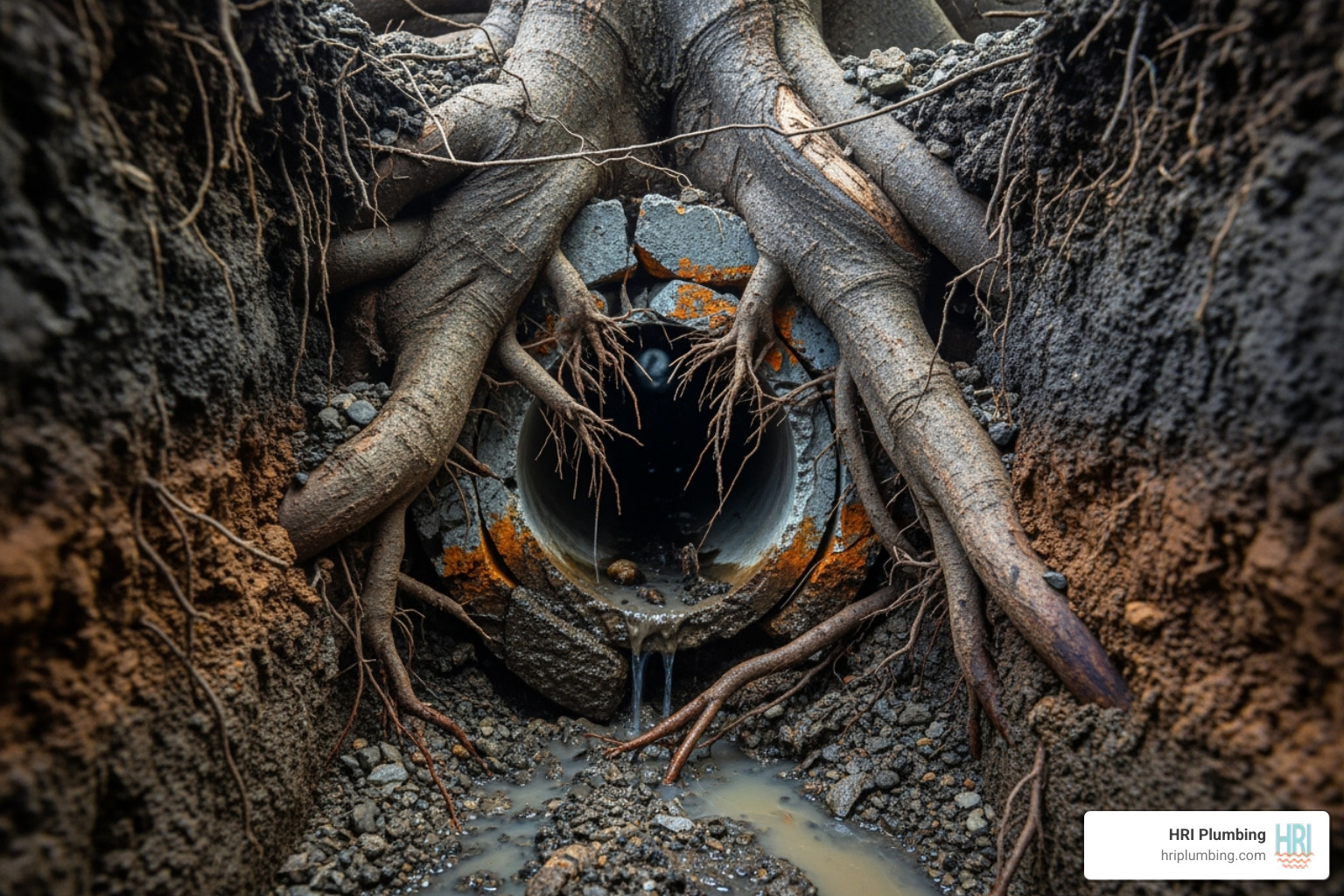 Tree roots crushing a sewer pipe - main line clog
