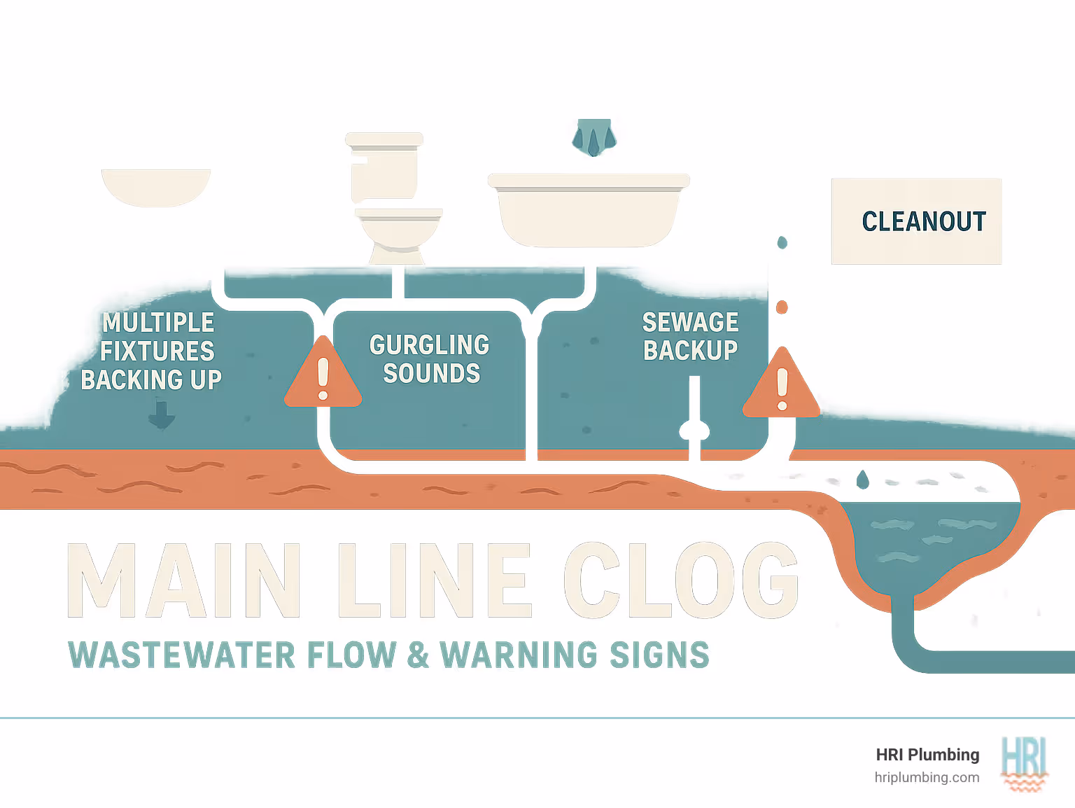 Infographic showing wastewater flow from home fixtures through drain lines into the main sewer line, then to city sewer system, with warning signs of main line clogs highlighted at each connection point - main line clog infographic Infographic showing wastewater flow from home fixtures through drain lines into the main sewer line, then to city sewer system, with warning signs of main line clogs highlighted at each connection point - main line clog infographic