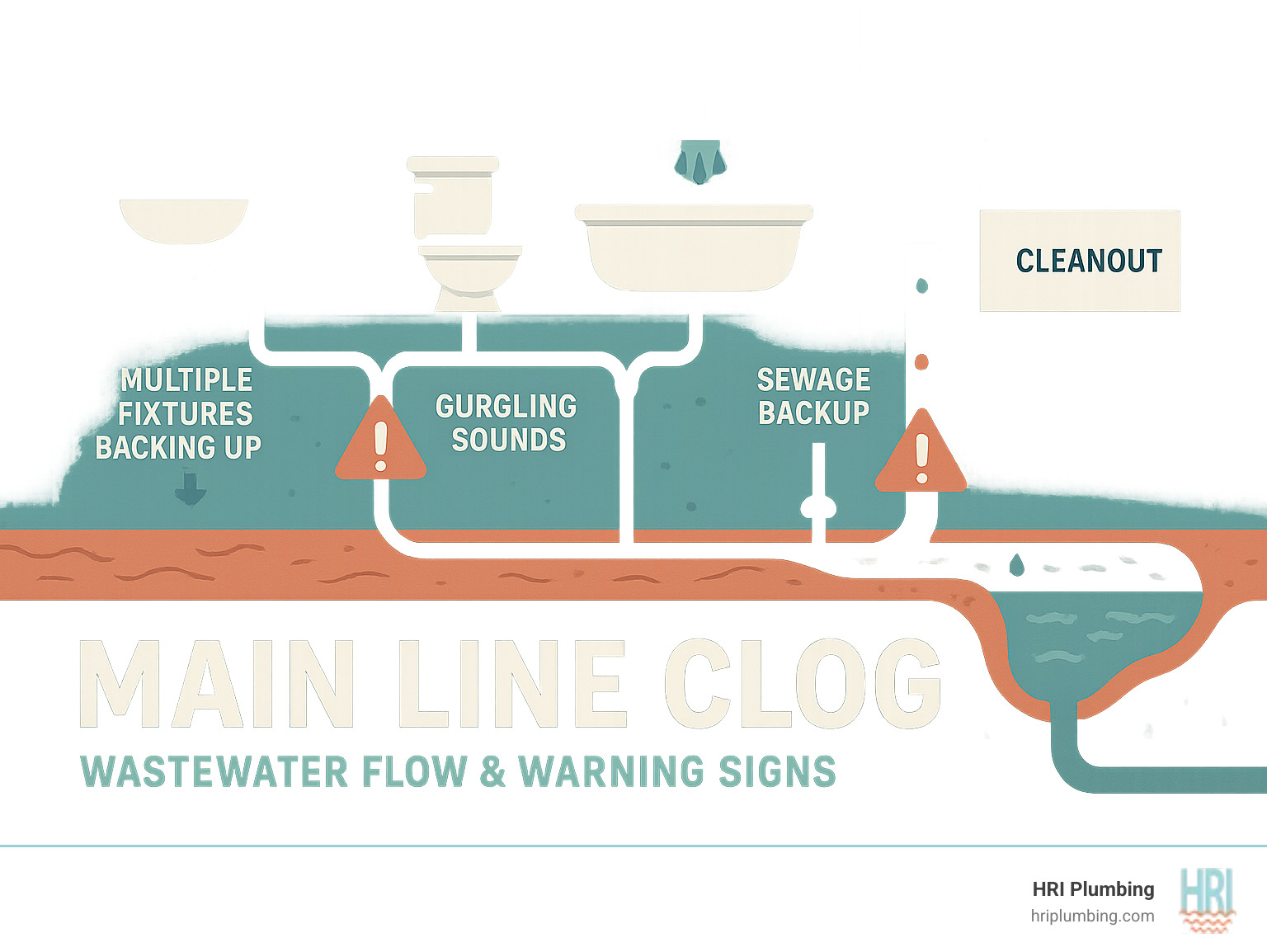 Infographic showing wastewater flow from home fixtures through drain lines into the main sewer line, then to city sewer system, with warning signs of main line clogs highlighted at each connection point - main line clog infographic 