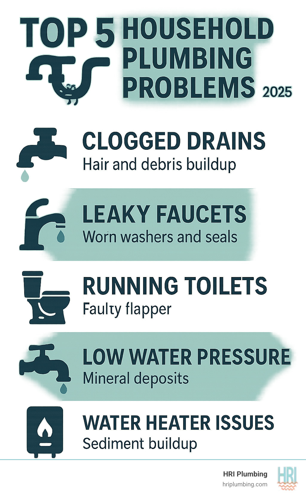 Infographic showing the top 5 most common household plumbing problems: clogged drains from hair and debris buildup, leaky faucets from worn washers and seals, running toilets from faulty flappers, low water pressure from mineral deposits, and water heater issues from sediment buildup and aging components - rochester plumbing company infographic 