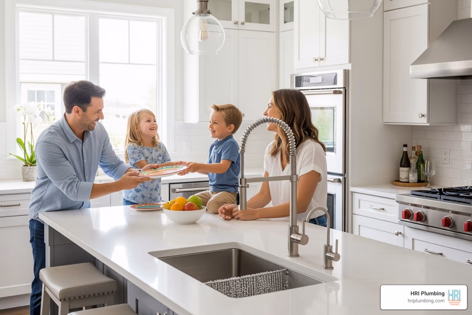 A family enjoying their newly remodeled kitchen with new plumbing fixtures - rochester plumbing company