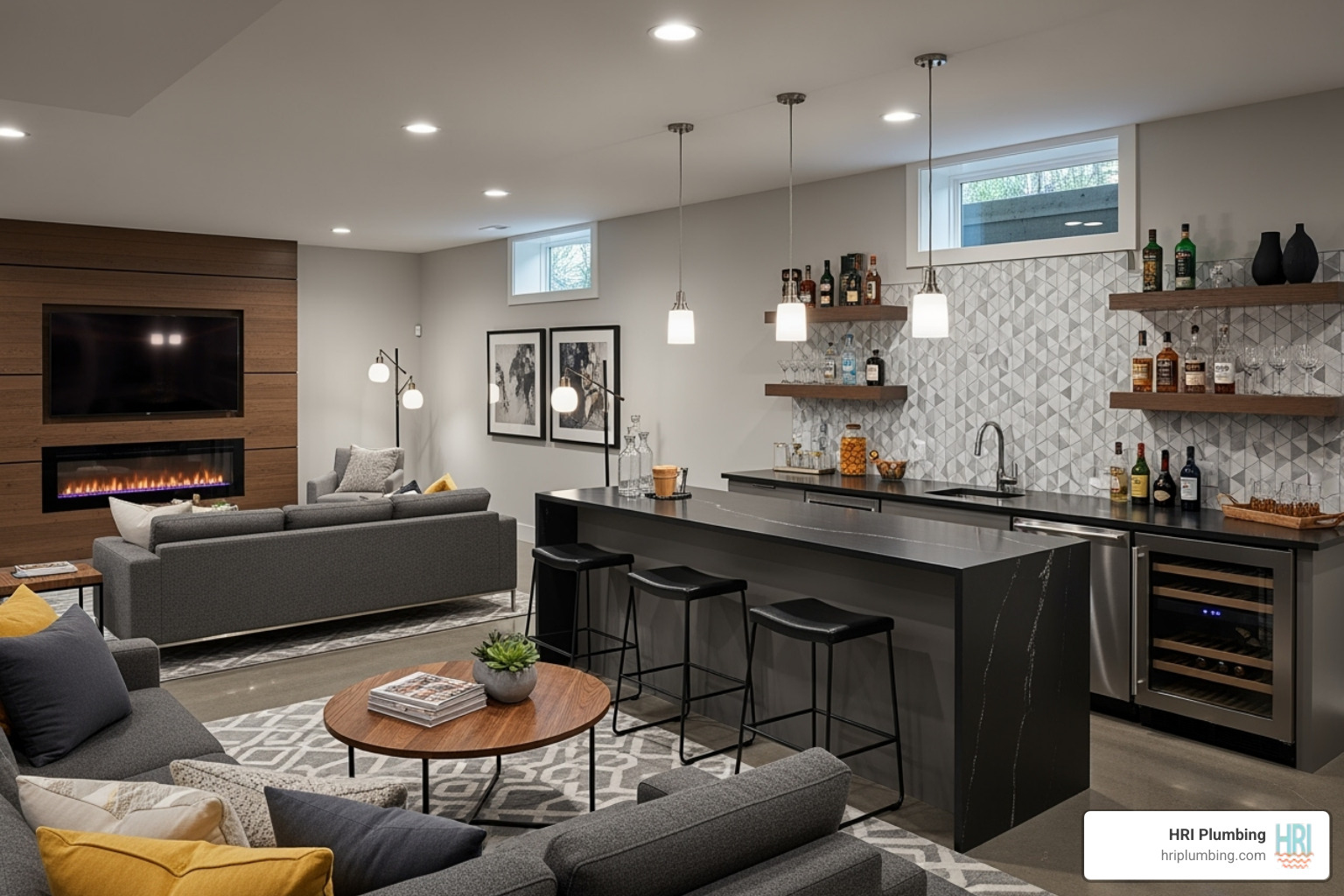 modern basement with a wet bar - springfield il basement remodel
