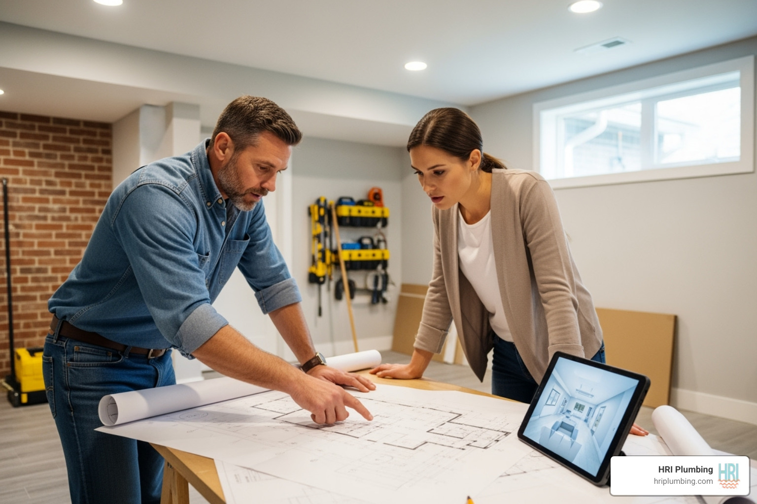 contractor reviewing plans with a homeowner - springfield il basement remodel