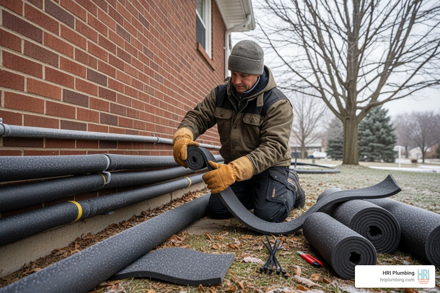 Homeowner insulating outdoor pipes for winter - emergency plumber Sherman