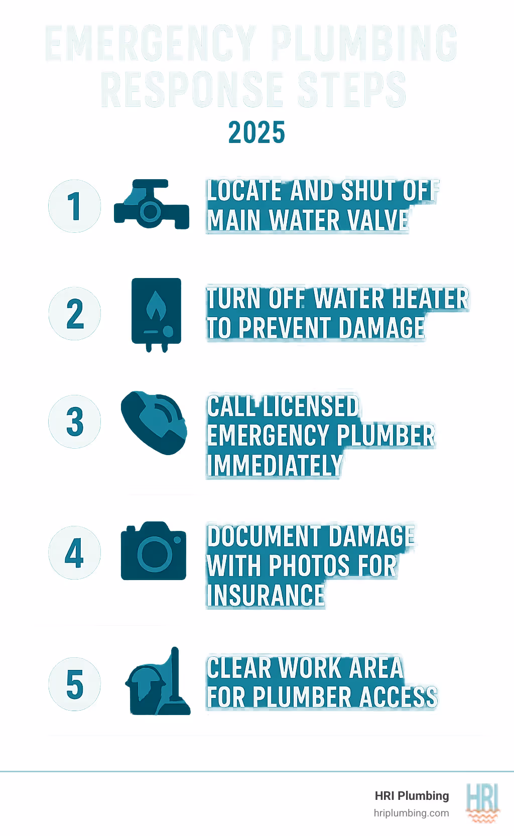 Infographic showing emergency plumbing response steps: Step 1 - Locate and shut off main water valve, Step 2 - Turn off water heater to prevent damage, Step 3 - Call licensed emergency plumber immediately, Step 4 - Document damage with photos for insurance, Step 5 - Clear work area for plumber access - emergency plumber Sherman infographic 
