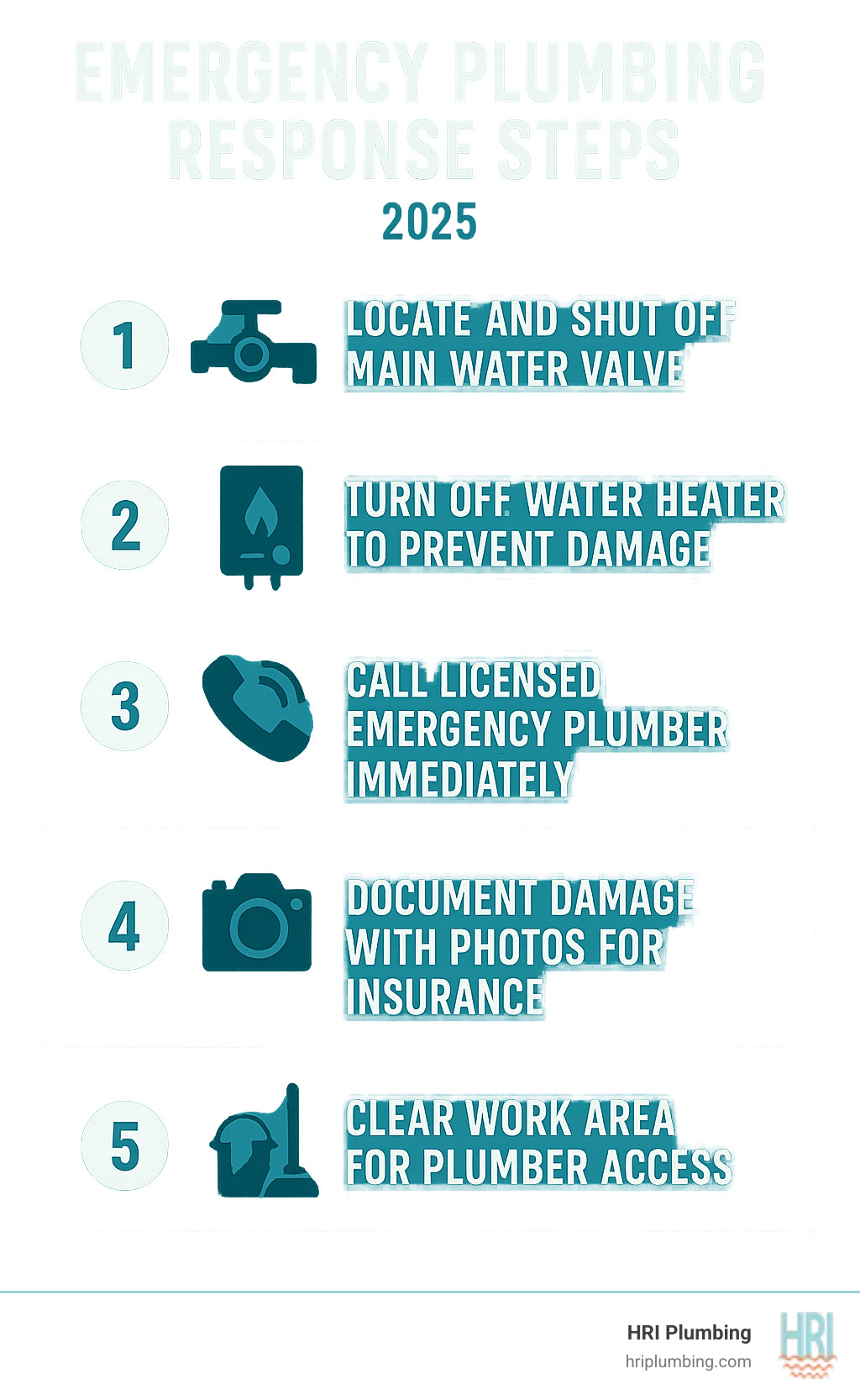 Infographic showing emergency plumbing response steps: Step 1 - Locate and shut off main water valve, Step 2 - Turn off water heater to prevent damage, Step 3 - Call licensed emergency plumber immediately, Step 4 - Document damage with photos for insurance, Step 5 - Clear work area for plumber access - emergency plumber Sherman infographic 