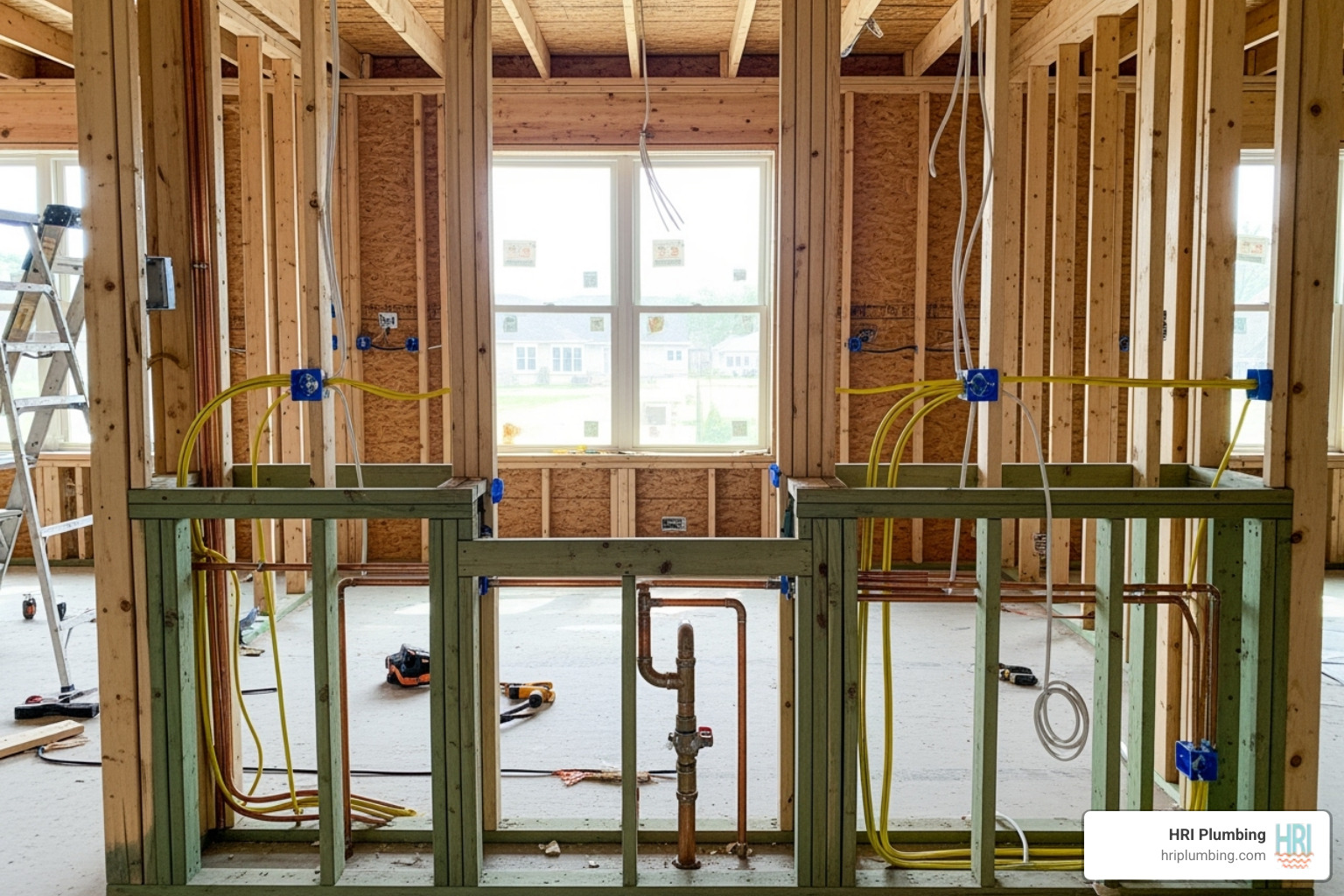 Kitchen during rough-in phase with new plumbing pipes and electrical wiring - full kitchen renovation