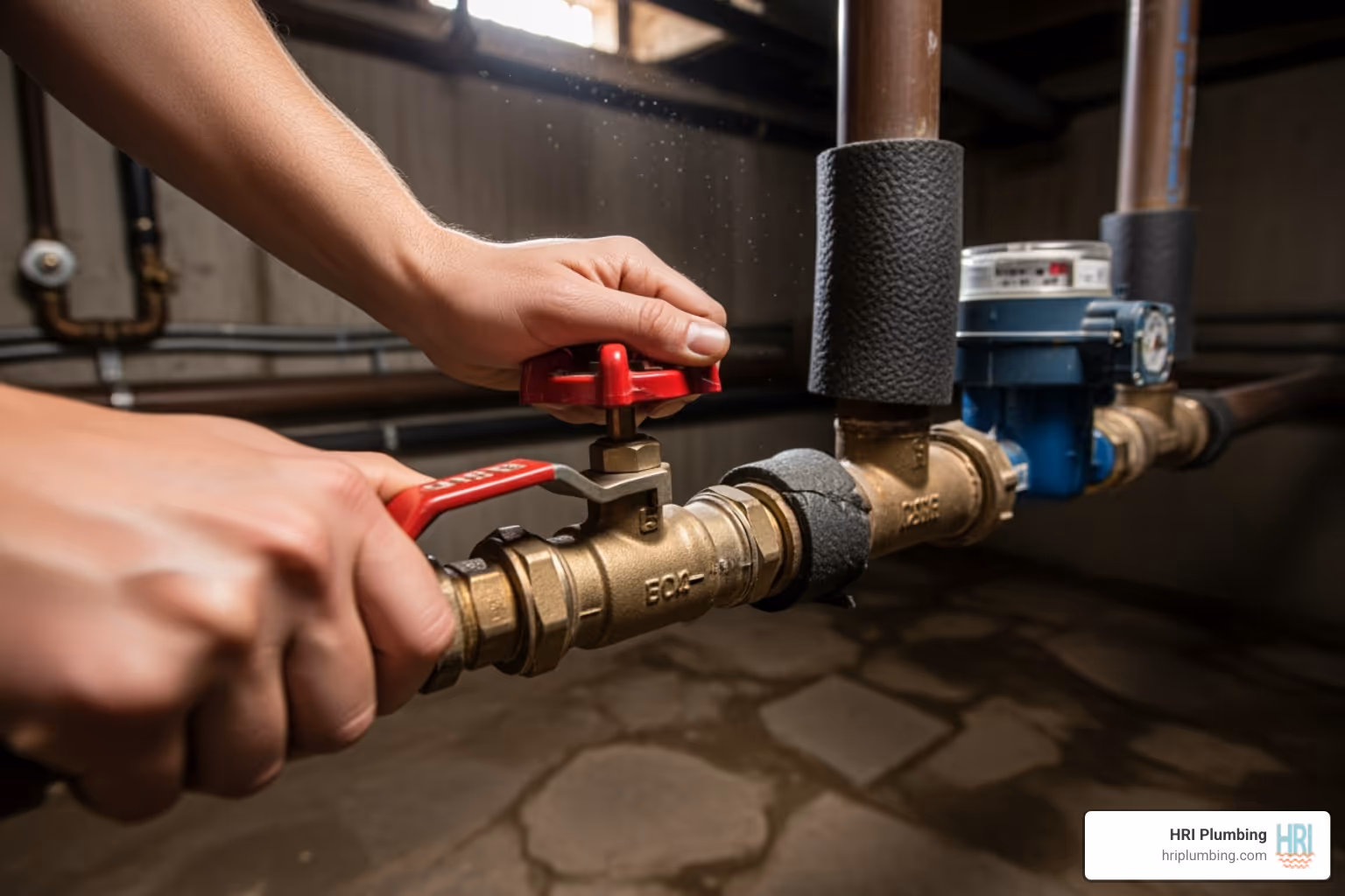 Image of a person safely shutting off a main water valve - emergency plumbing near me
