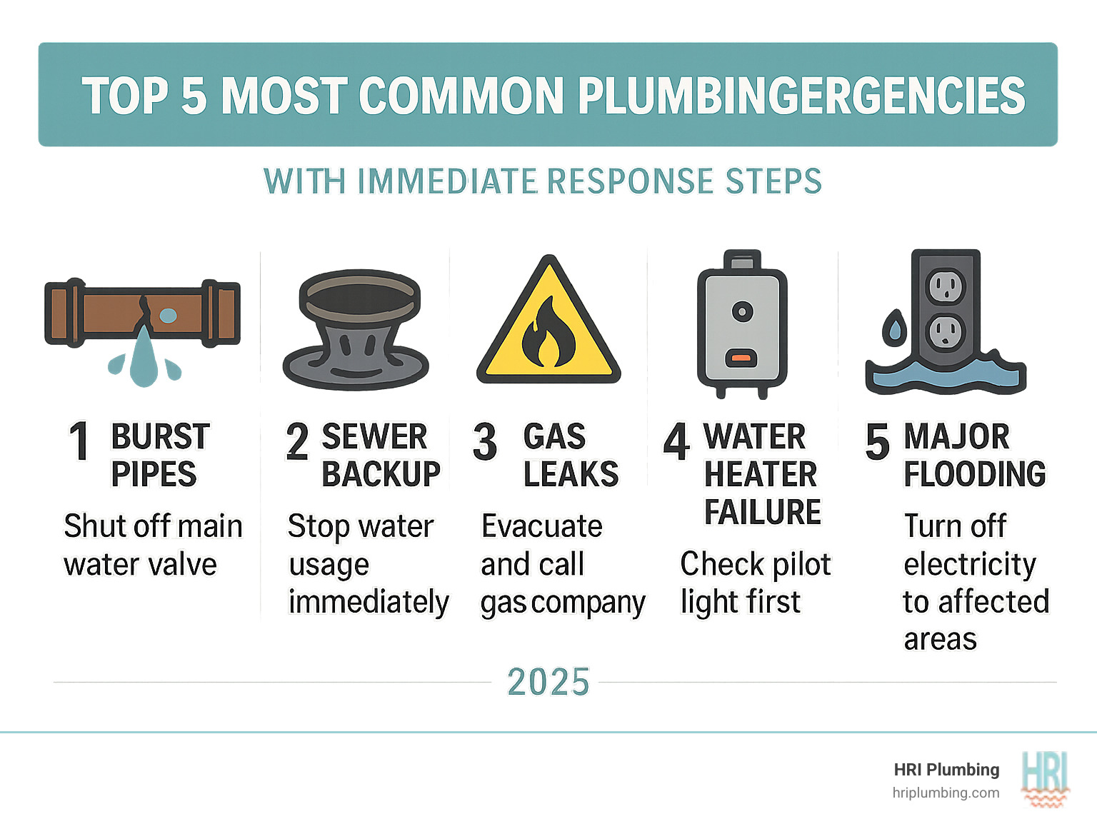 Infographic showing the top 5 most common plumbing emergencies with immediate response steps: 1) Burst Pipes - shut off main water valve, 2) Sewer Backup - stop water usage immediately, 3) Gas Leaks - evacuate and call gas company, 4) Water Heater Failure - check pilot light first, 5) Major Flooding - turn off electricity to affected areas - emergency plumbing near me infographic 