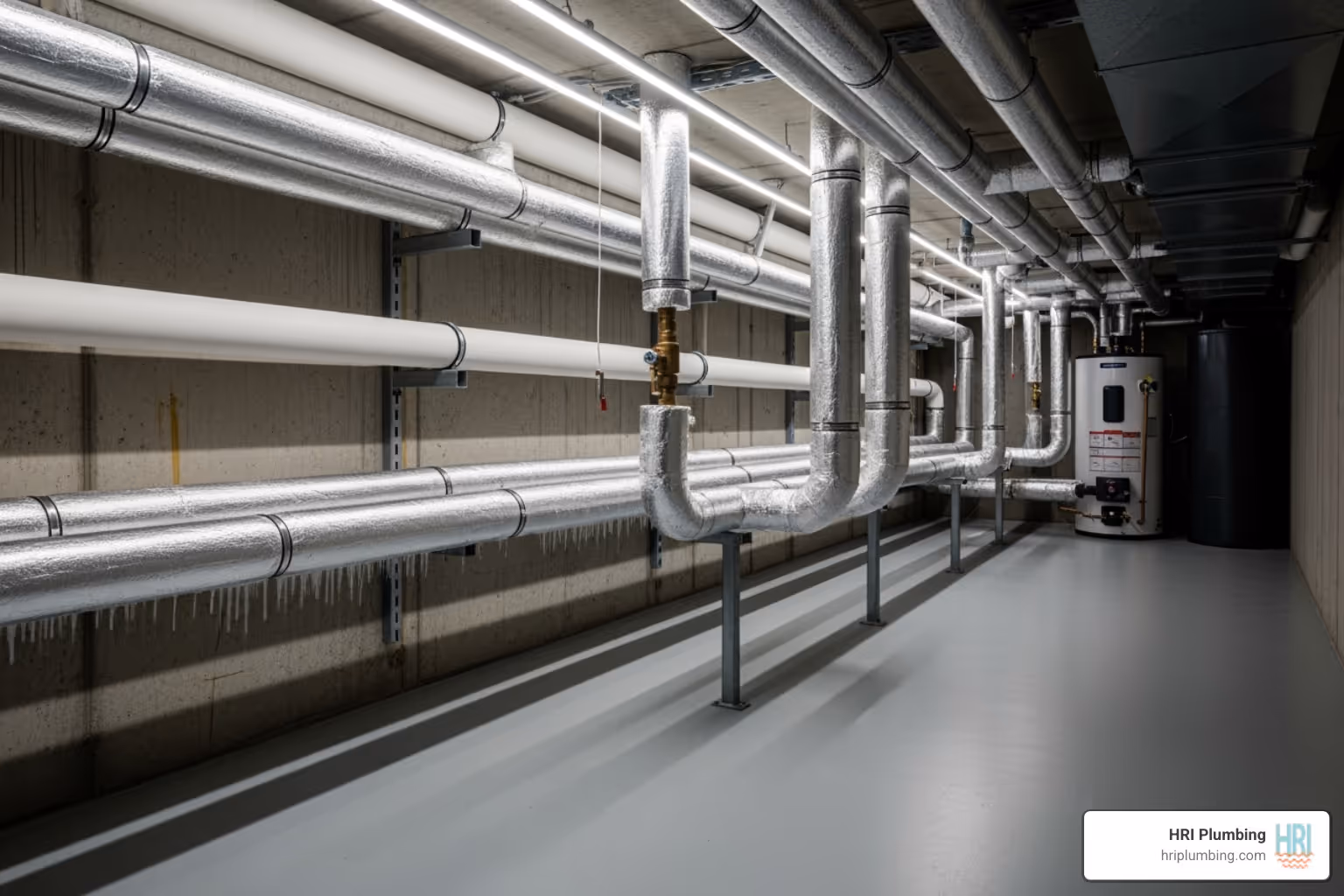 Image of insulated pipes in a clean basement or crawlspace - emergency plumbing near me