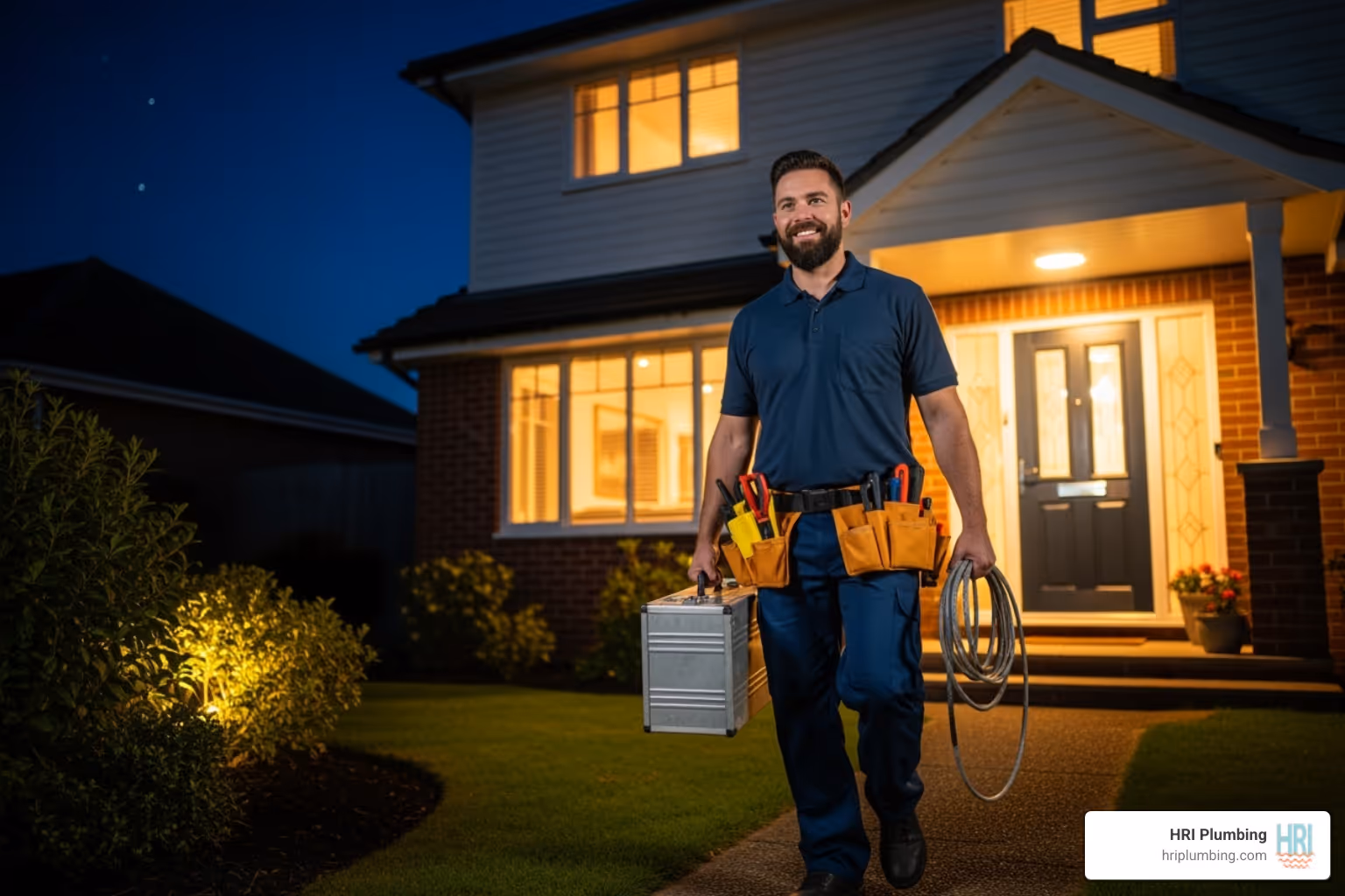 Image of a friendly, professional plumber arriving at a home at night - emergency plumbing near me