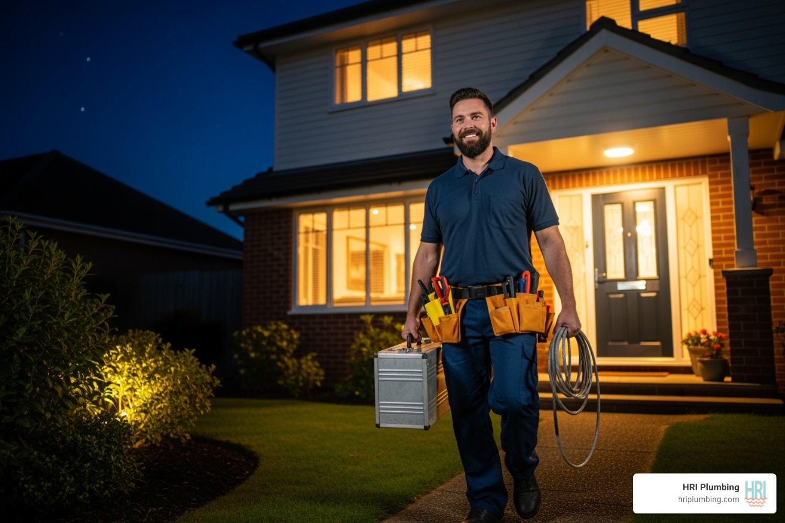 Image of a friendly, professional plumber arriving at a home at night - emergency plumbing near me