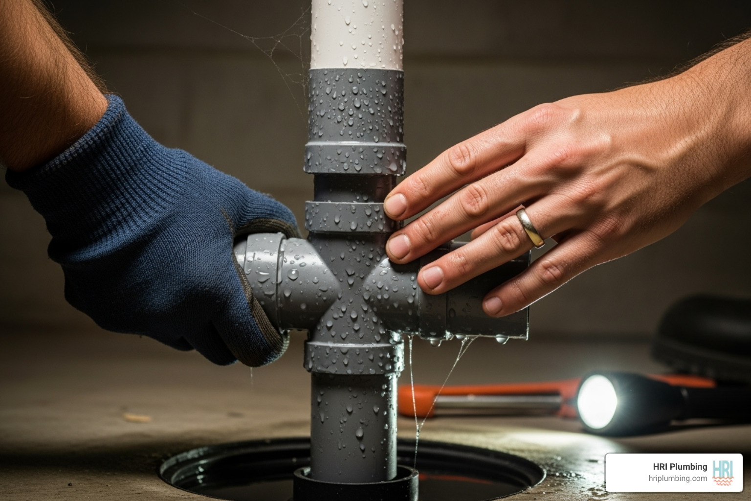 plumber inspecting a sump pump discharge pipe for leaks - Sump pump check valve