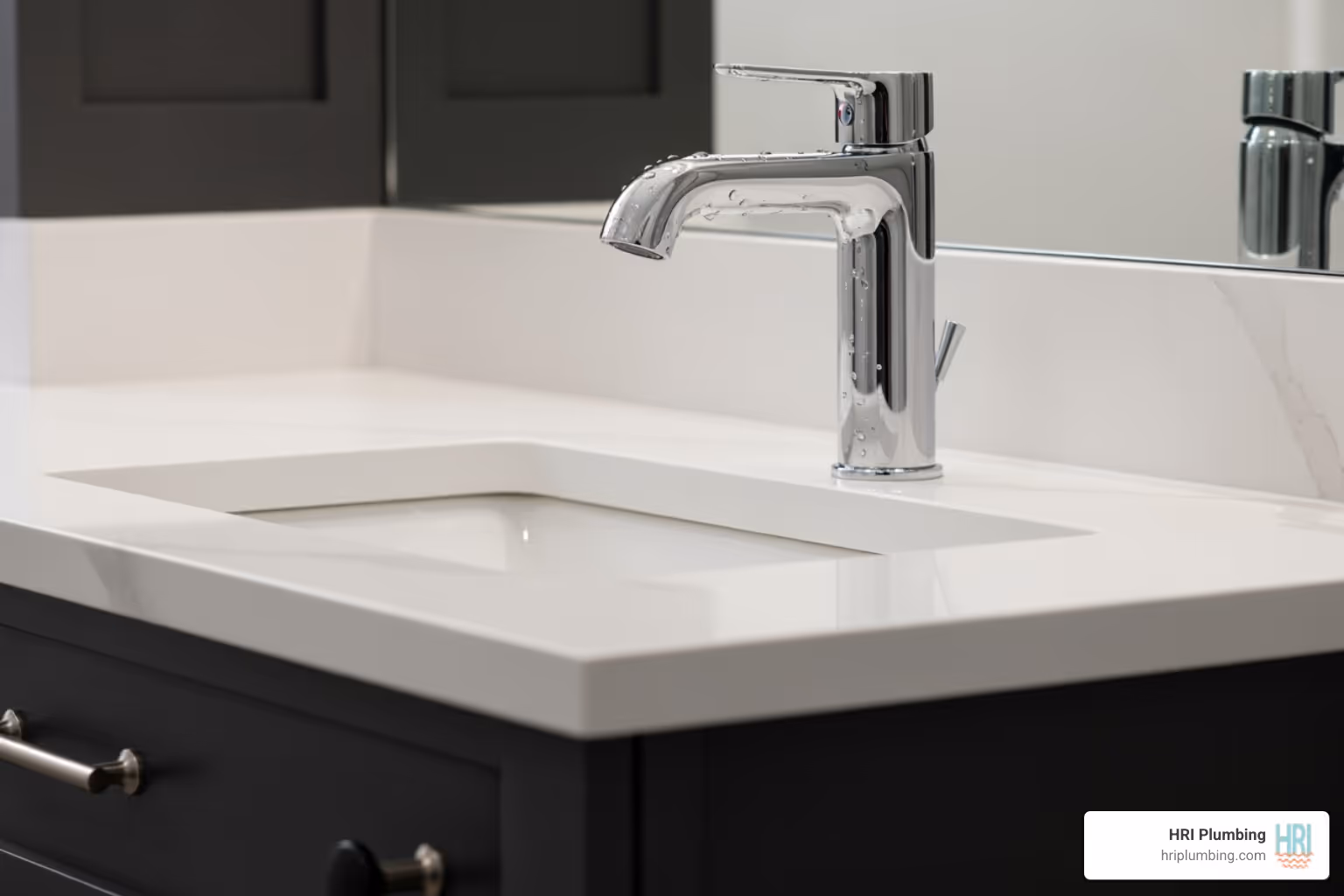 a close-up on a new modern faucet and updated vanity hardware - budget bathroom remodel a close-up on a new modern faucet and updated vanity hardware - budget bathroom remodel