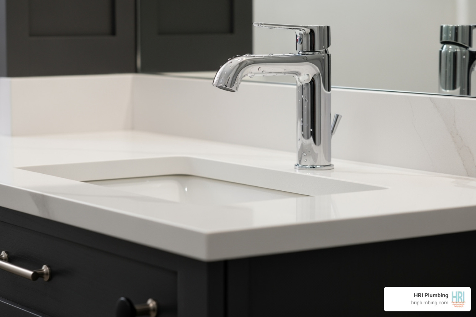a close-up on a new modern faucet and updated vanity hardware - budget bathroom remodel