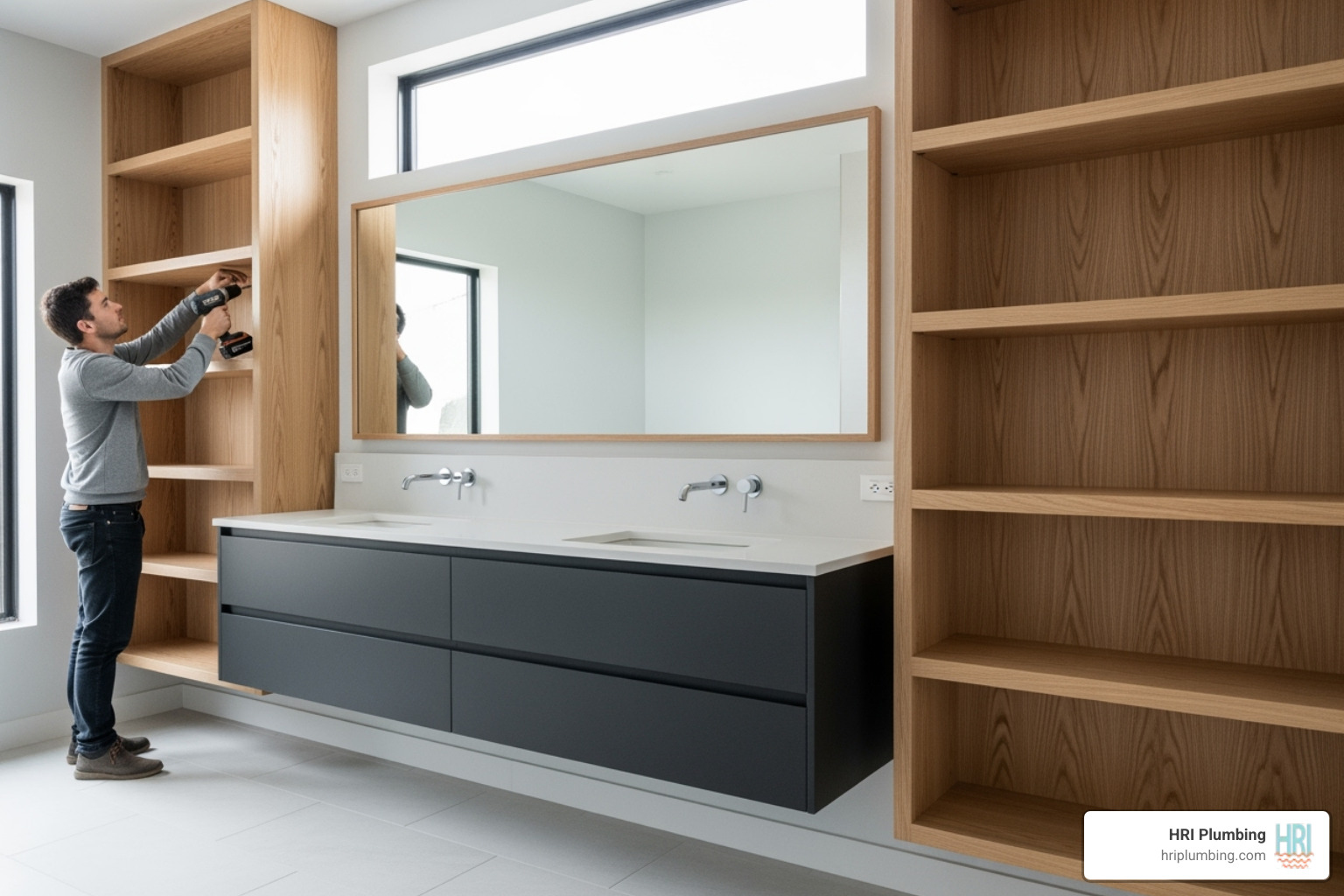 a person installing open shelving - budget bathroom remodel