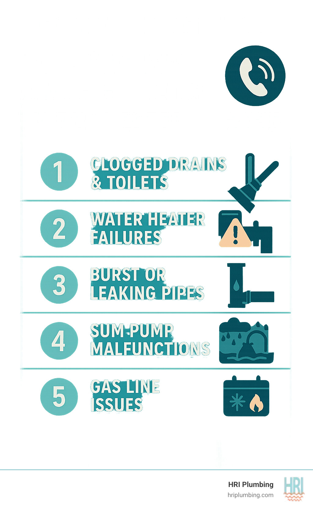 Infographic showing the top 5 most common household plumbing emergencies in Rochester homes: clogged drains and toilets, water heater failures, burst or leaking pipes, sump pump malfunctions during storms, and gas line issues, with emergency response icons and seasonal timing indicators - rochester plumbing service infographic Infographic showing the top 5 most common household plumbing emergencies in Rochester homes: clogged drains and toilets, water heater failures, burst or leaking pipes, sump pump malfunctions during storms, and gas line issues, with emergency response icons and seasonal timing indicators - rochester plumbing service infographic