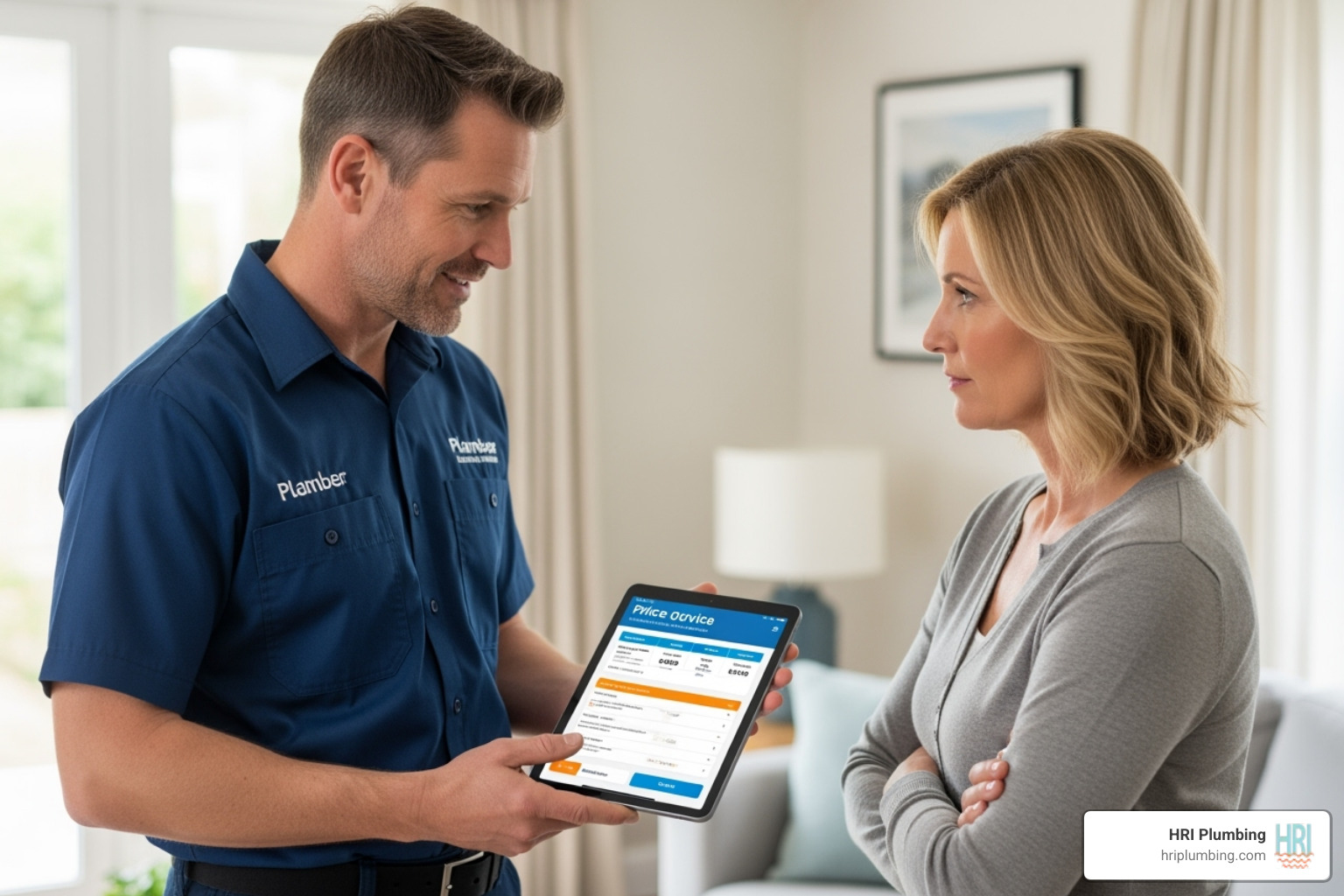 of a plumber showing a customer an upfront price on a tablet - rochester plumbing service of a plumber showing a customer an upfront price on a tablet - rochester plumbing service