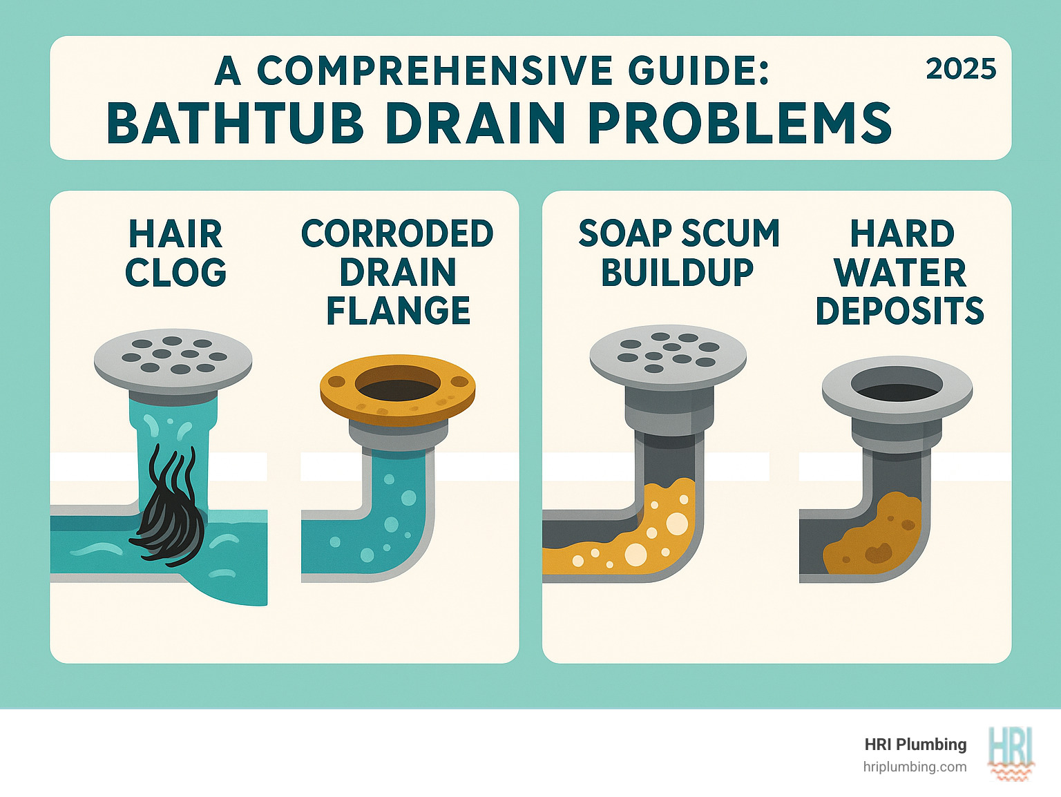 Comprehensive guide showing common bathtub drain problems including hair clogs blocking water flow, corroded drain flanges causing leaks, soap scum buildup restricting drainage, and hard water mineral deposits creating blockages - bathtub drain repair infographic Comprehensive guide showing common bathtub drain problems including hair clogs blocking water flow, corroded drain flanges causing leaks, soap scum buildup restricting drainage, and hard water mineral deposits creating blockages - bathtub drain repair infographic