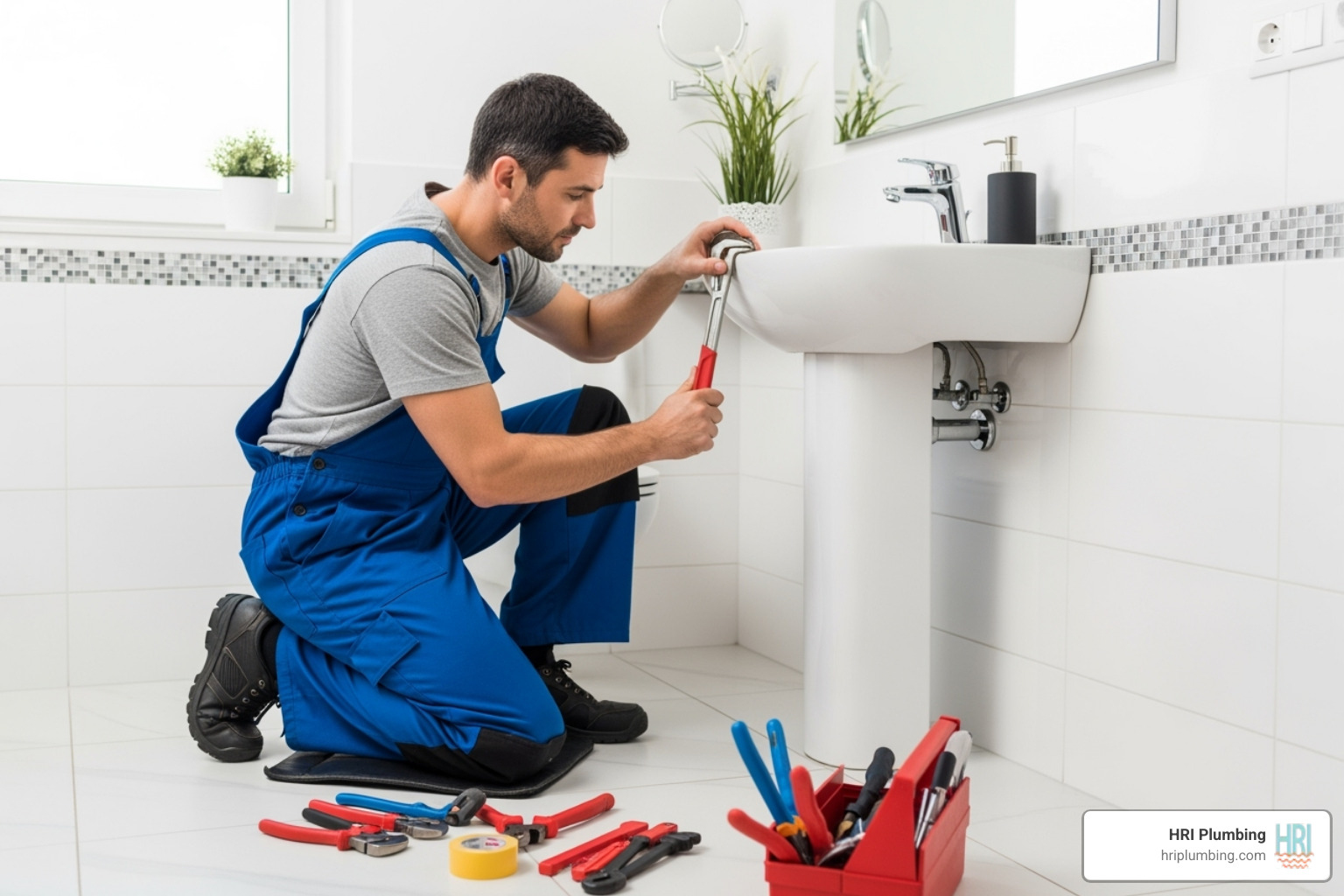 Professional plumber repairing a bathroom sink faucet - Bathroom sink plumbing Springfield Professional plumber repairing a bathroom sink faucet - Bathroom sink plumbing Springfield
