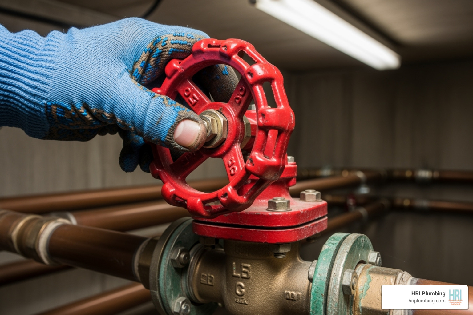 A hand turning a red main water shut-off valve, emphasizing the importance of knowing its location. - plumbing installation Sherman